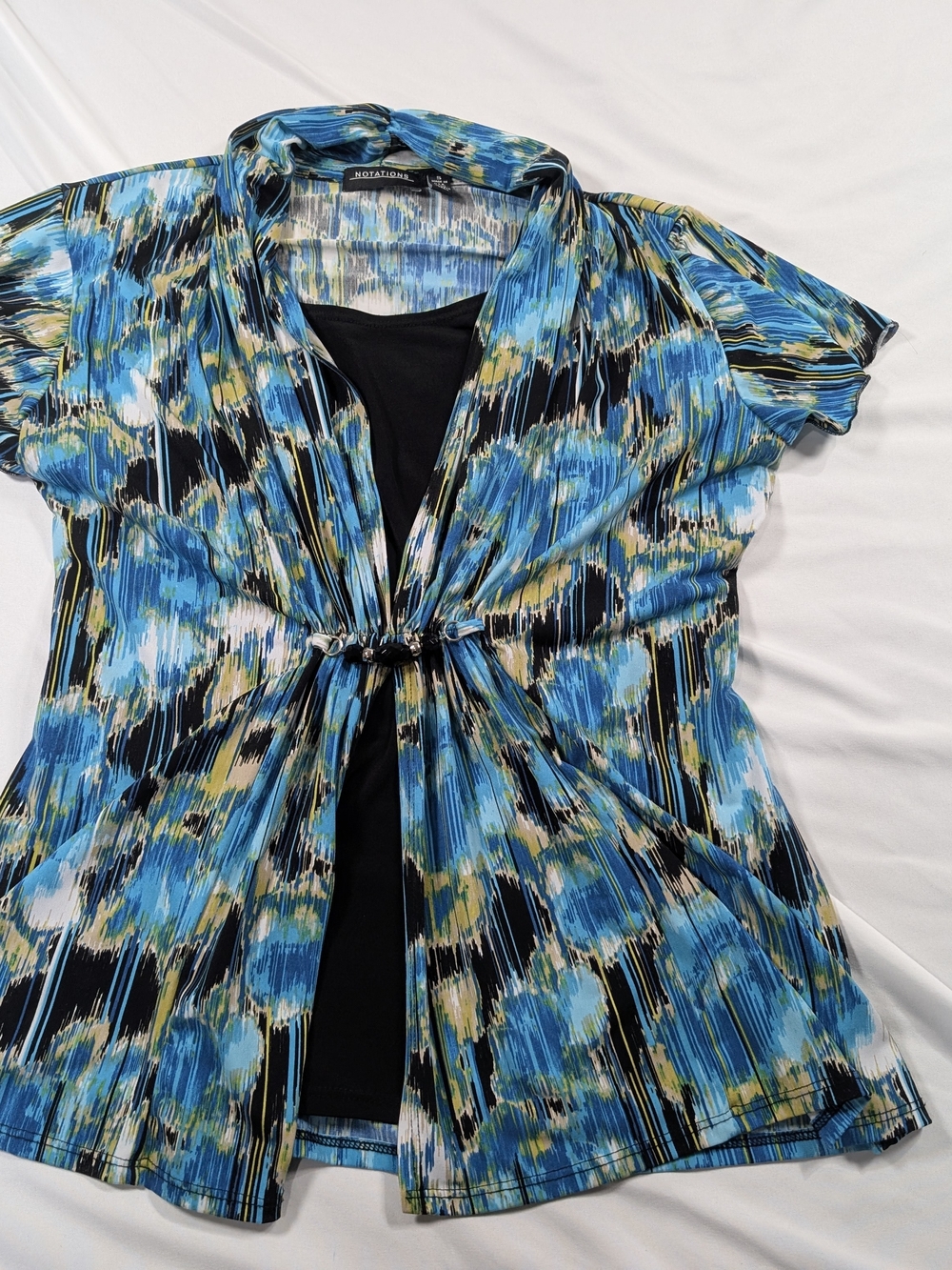 Notations Abstract Blue Green Ikat Stretch Short Sleeve Top Small